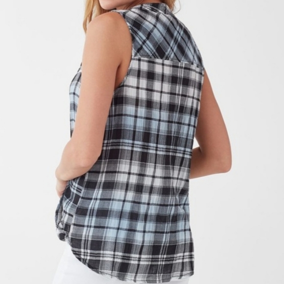 Splendid Plaid Surplice Tank Sleeveless Cotton Gauze Style Crinkle Blue Black Wh - Picture 2 of 7